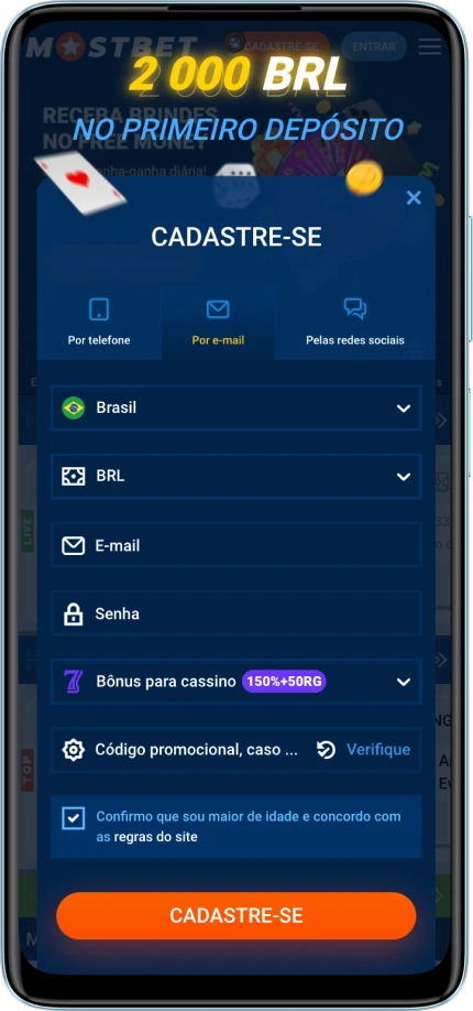 página de registro da Mostbet