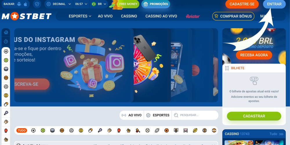 abra o site principal e clique em “Entrar”